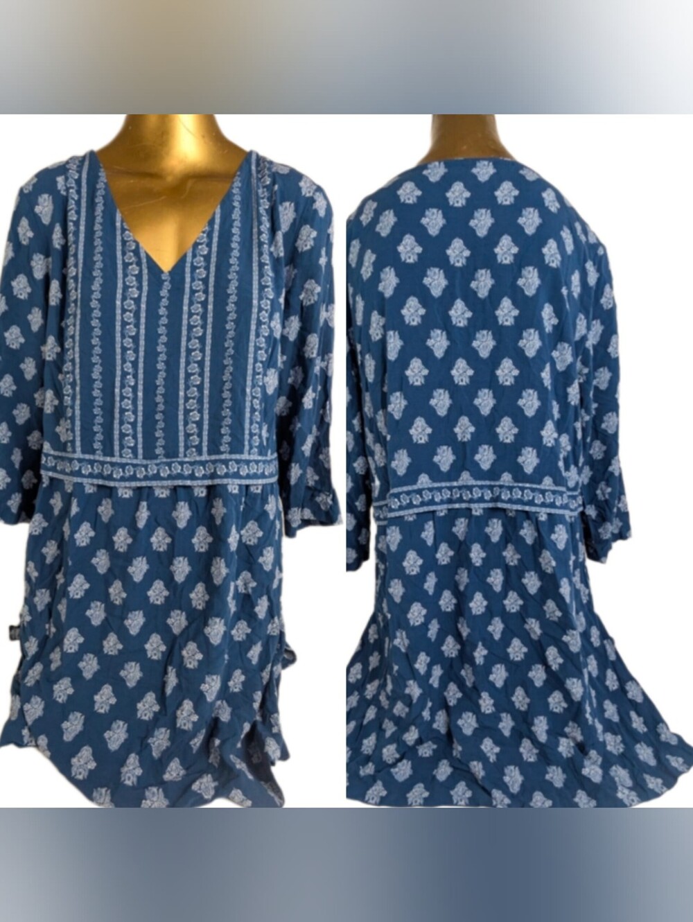 J Jill Bohemian Blue Print Tunic 3/4 Sleeves Size Medium
